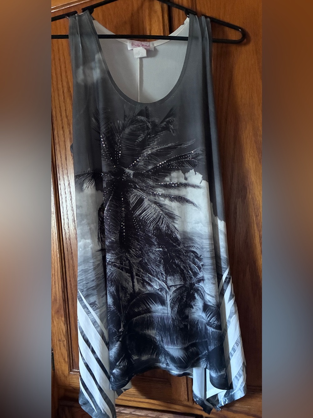 Pretty Woman Y2K Asymmetric Tunic Tank Top Size M Palm Tree Rhinestone Graphic